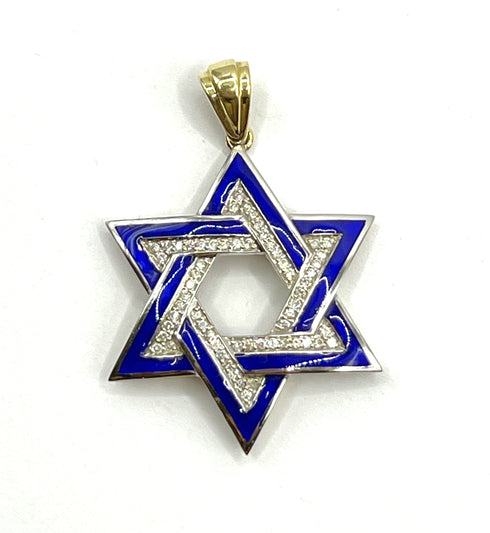 14K Gold & Diamond With Blue Enamel Star of David Necklace